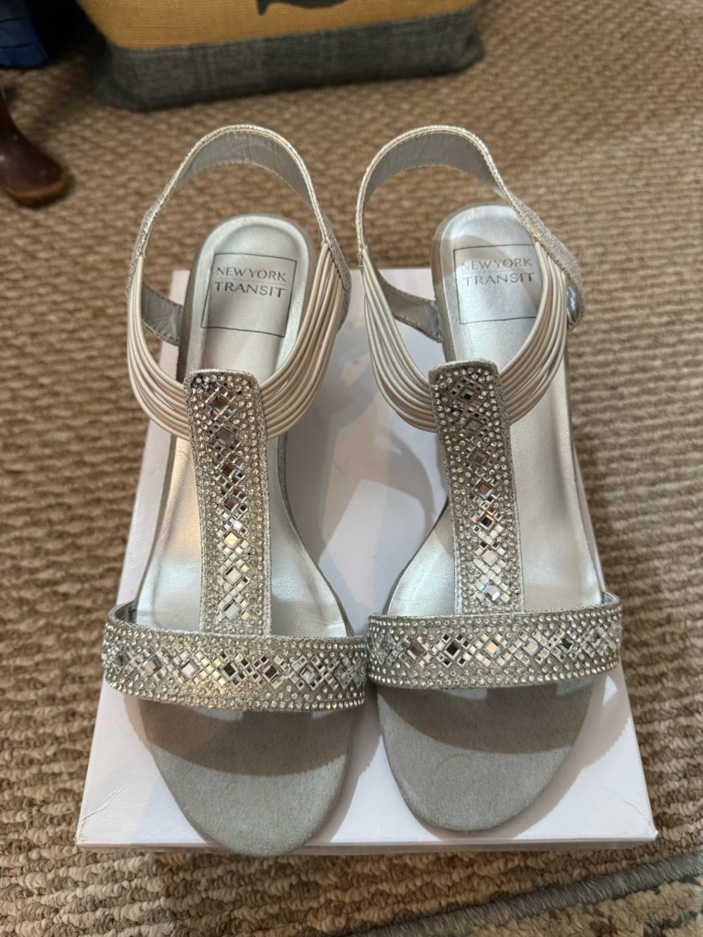 New York Transit Silver Crystal T-Strap Heels.